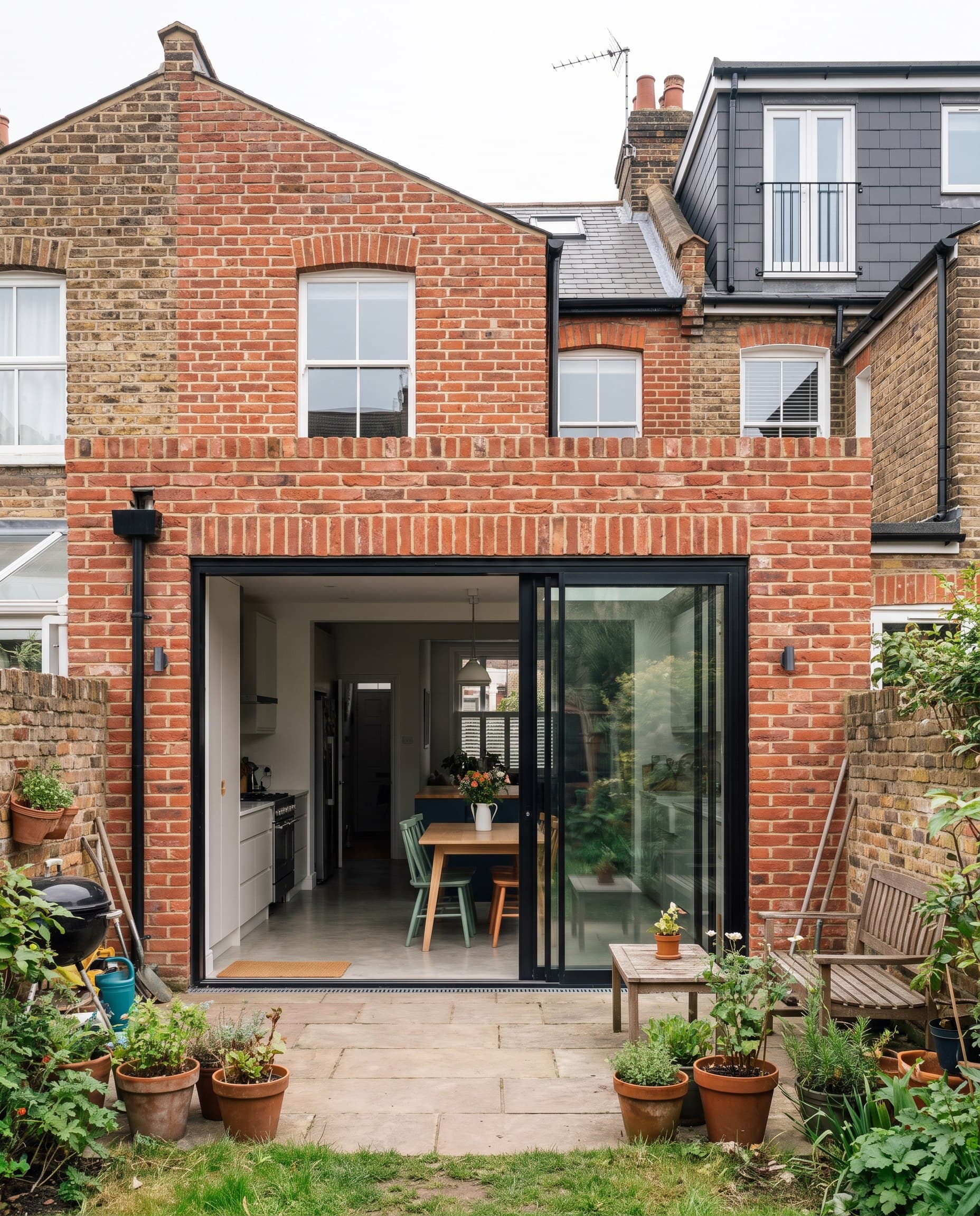 A side-return addition tied into the existing brick bond so it reads as part of the original house, not bolted on.