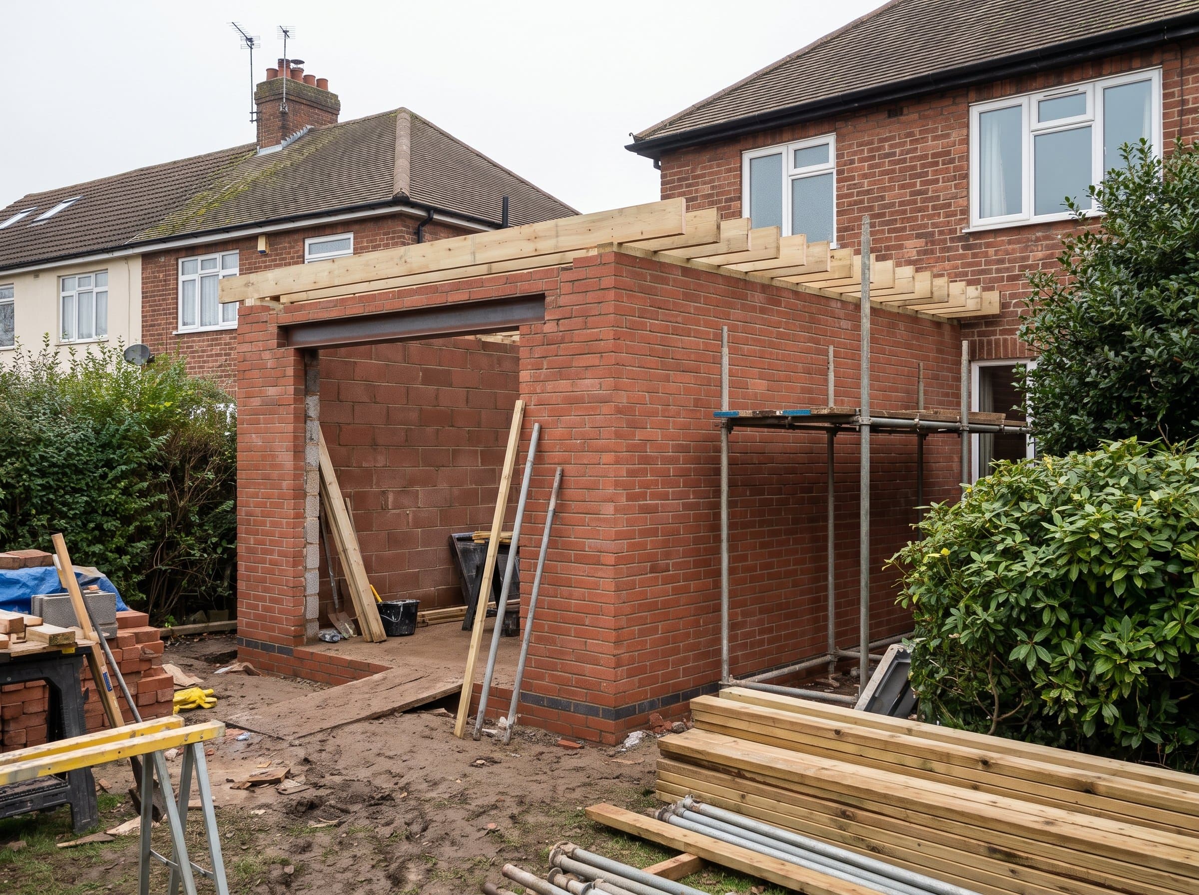 A single-storey house addition mid-construction, new blockwork walls up to eaves height