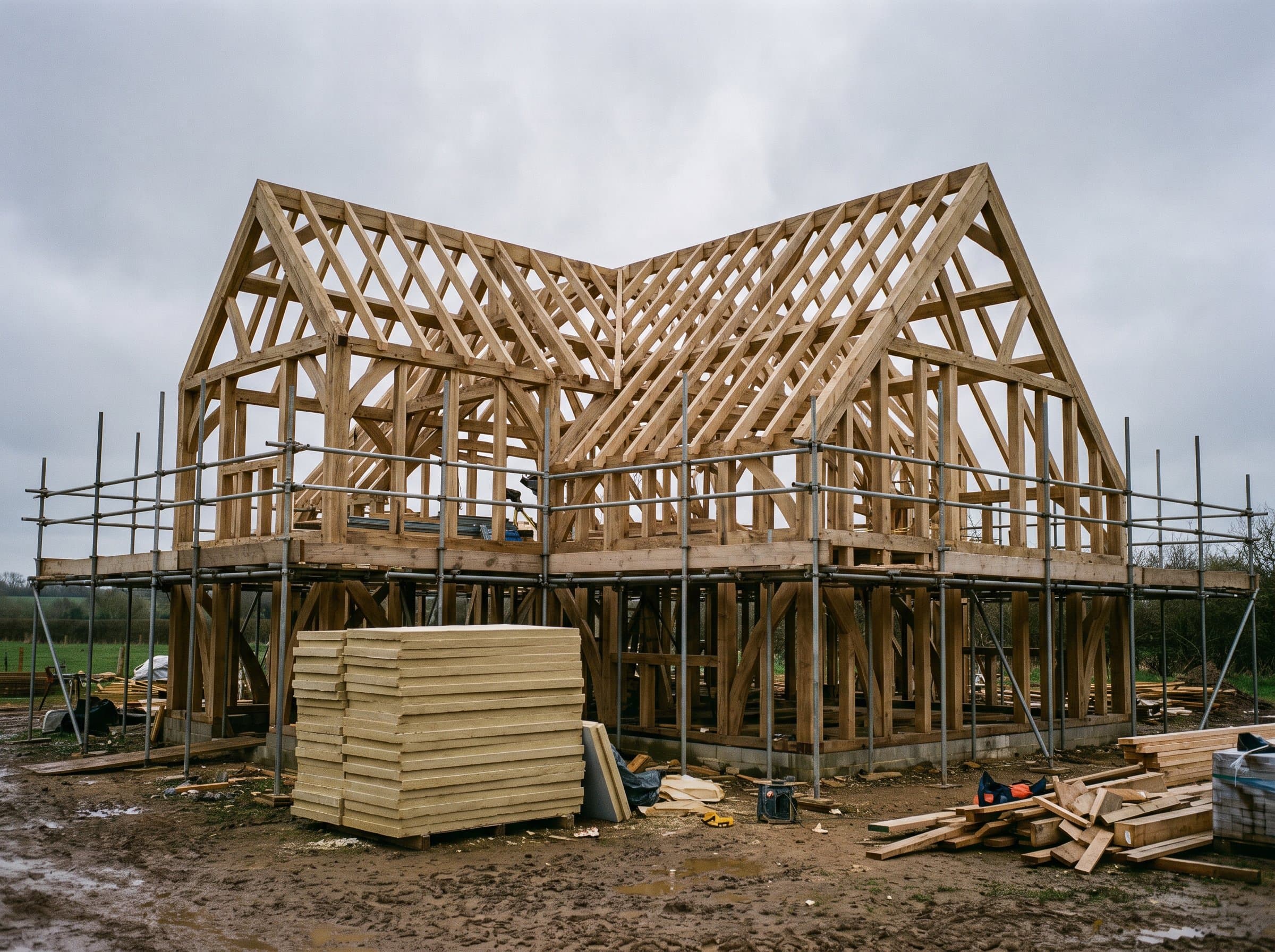 A timber-framed custom home mid-construction, exposed structural frame against an overcast sky