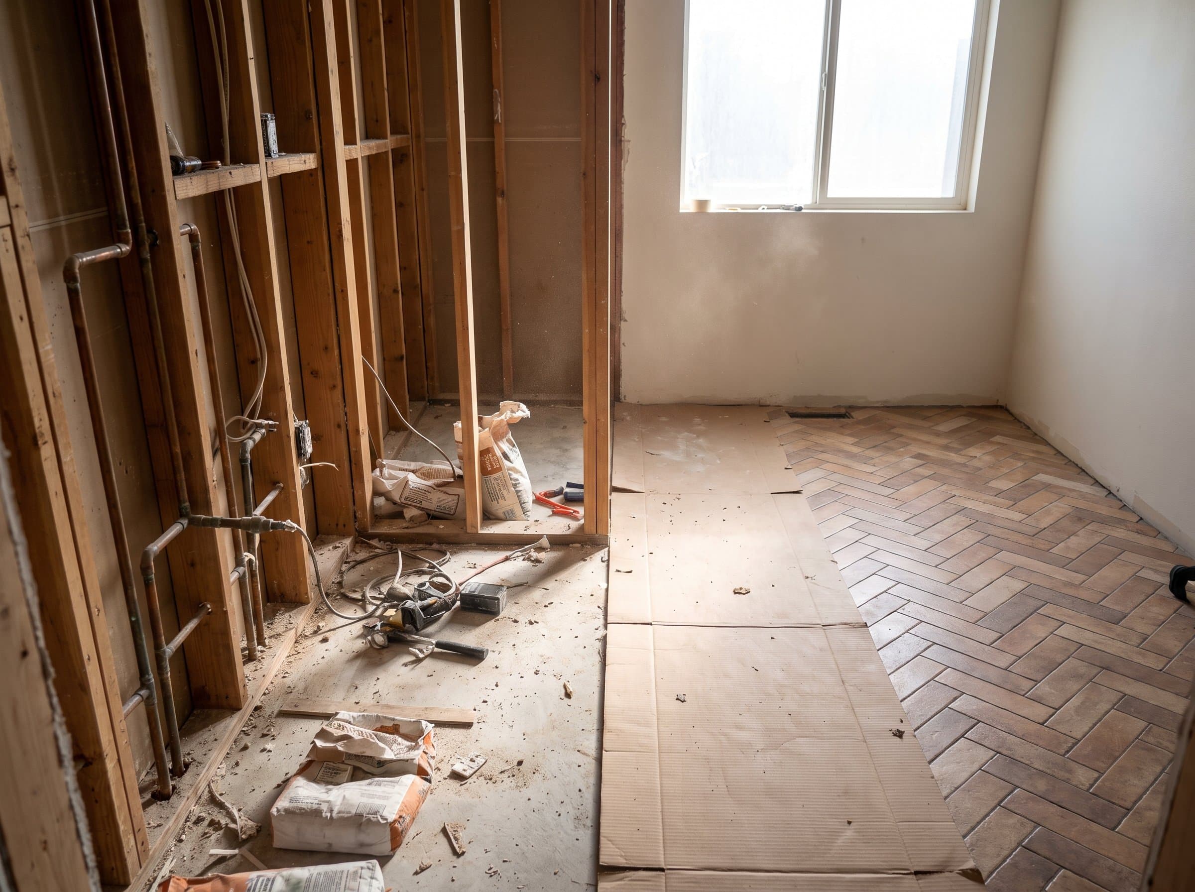 A bathroom mid-renovation, exposed pipework on one side and freshly tiled flooring on the other