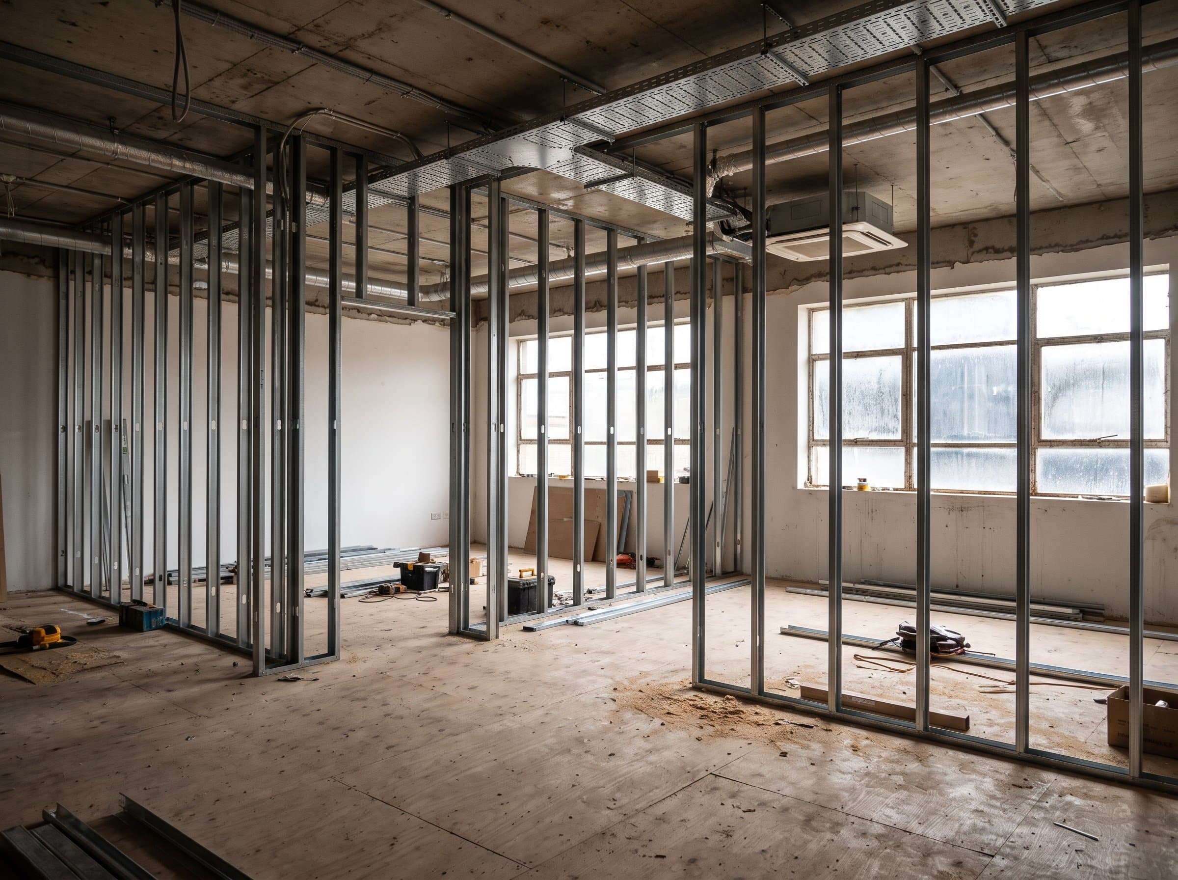 A small commercial office mid-fit-out, exposed ceiling services and stud-partition framing